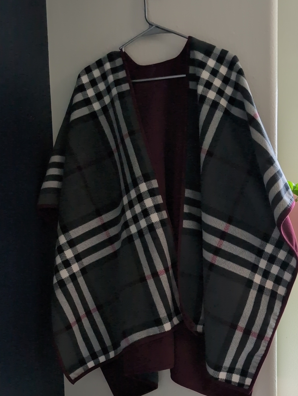 Plaid Open Front Cape with Burgundy Trim